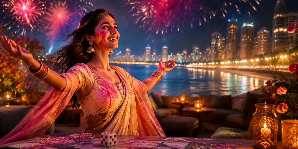 Bright colorful Holi festival celebration with dice game promoting seasonal offers